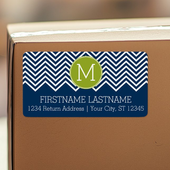 Etiqueta Monograma Personalizado de Chevrons Azul e Verde l (Personalized return address label)