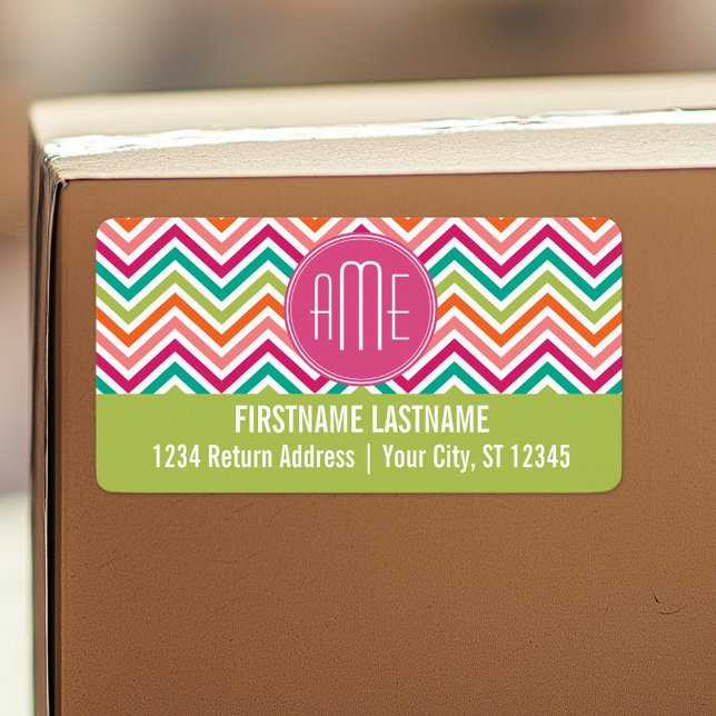 Etiqueta Monograma Personalizado de Chevrons Laranja Rosa Q (Personalized return address label)