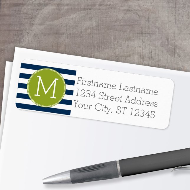 Etiqueta Monograma verde de padrão riscado branco e marinho (Personalized Return Address Label)