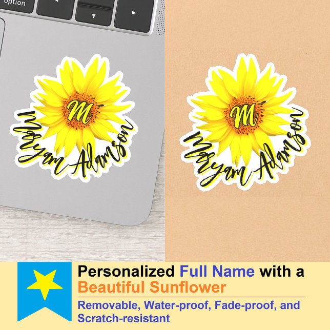 Etiqueta Monogramada para Menina das Flores - Nome (waterproof monogram Sunflower Handwritten Name Sticker)