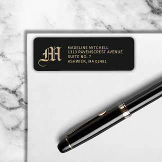 Etiqueta Monogrammed Elegant Modern Gothic Black Gold
