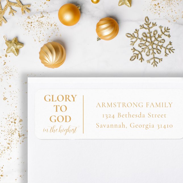 Etiqueta Morada de Regresso ao Natal Moderno (Simple, modern, religious Christmas return address label in gold and white for Christians)