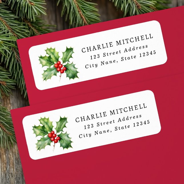 Etiqueta Morangos holandeses e vermelhos de Natal (Christmas holly red berries return address label)