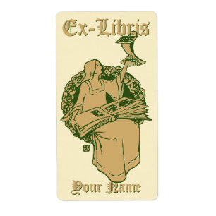 Etiqueta Mulher com Modelo de Livro e Pássaro Ex Libris