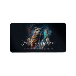 Etiqueta Mystical Space Owl with Dreamcatcher Art       