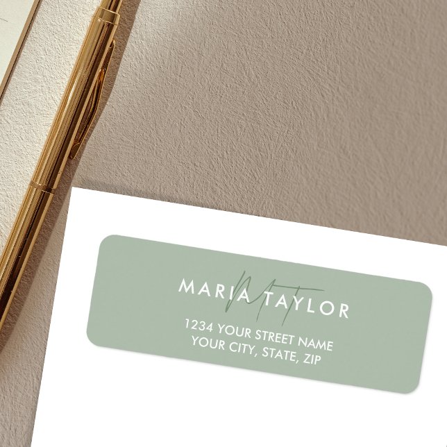 Etiqueta Na moda de Monograma Simples Moderno Elegante (Simple Minimalist sage green monogram return address label)