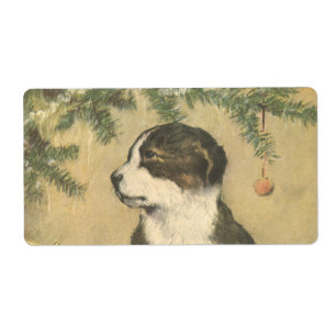 Etiqueta Natais vintages, Cachorro Bonito Sob Árvore De Nat