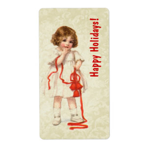 Etiqueta Natais vintages Rapariga e Faixa Vermelha Ver3