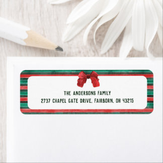 Etiqueta Natal com Laço Vermelho e Listras em Aquarela Clás