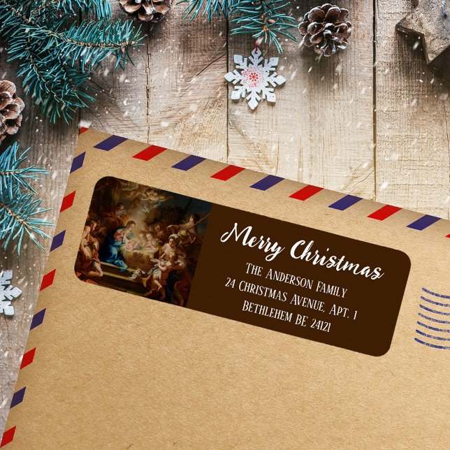 Etiqueta Natal Cristão Barroco (Baroque Religious Christian Catholic Script Merry Christmas Nativity Scene Return Address Labels)
