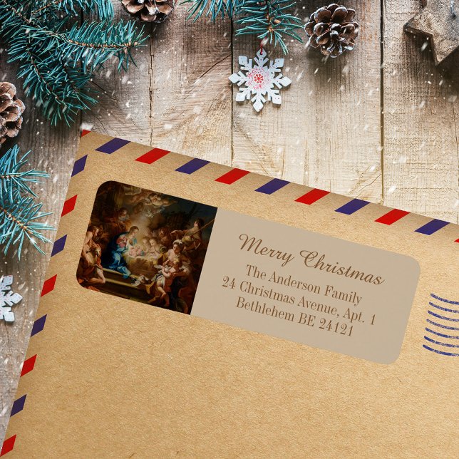 Etiqueta Natal Cristão Barroco (Religious Baroque Catholic Christian Christmas Nativity Scene Vintage Holiday Return Address Label)