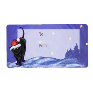 Etiqueta Natal de Gato Preto da Noite Estrelada