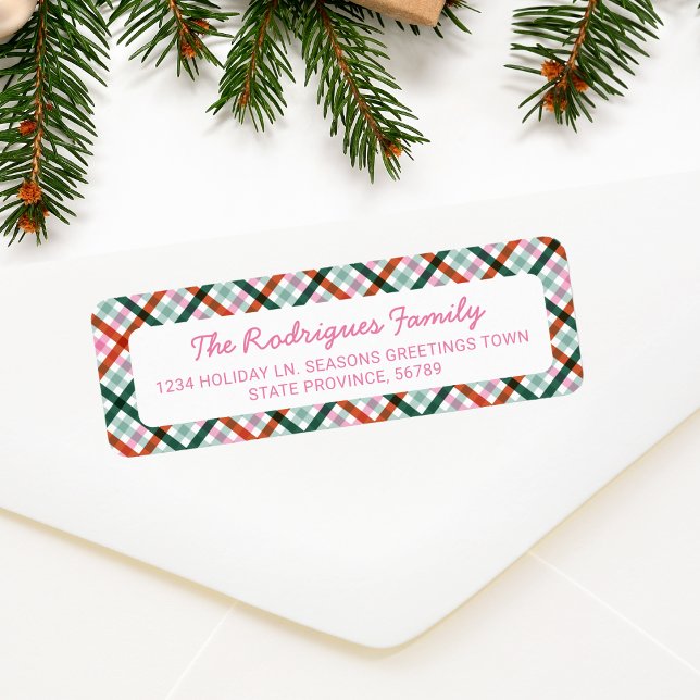 Etiqueta Natal Gingham Pink Red Green Address (Christmas gingham pattern, pink red and green address label)