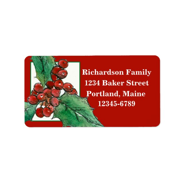 Etiqueta Natal Holly Botânico Desenho Feriado Vermelho (Frente)