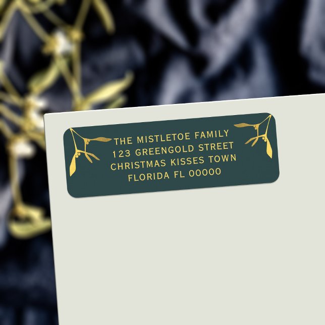 Etiqueta Natal Mistletoy Green Holiday Endereço de Regresso (Add your details to these festive green and gold mistletoe return address labels)