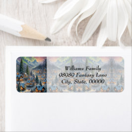 Etiqueta Natal numa aldeia montanhosa, luzes polares