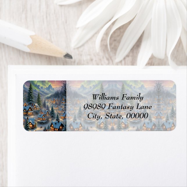 Etiqueta Natal numa aldeia montanhosa, luzes polares (Insitu)