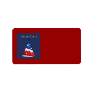 Etiqueta Natal patriótico, vermelho, branco, árvore azul
