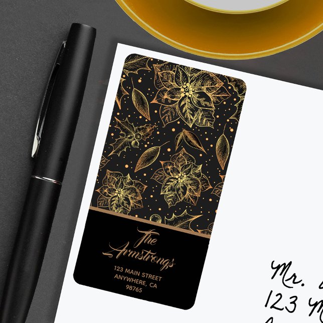 Etiqueta Natal Poinsettia Feriado Floral Endereço (Gold Christmas poinsettias floral holiday return address labels)