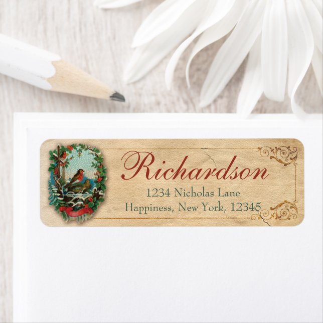 Etiqueta Natal Robin Antigo Antiquado Vitoriano Sujeira Ver (Insitu)