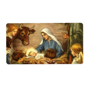 Etiqueta Natal vintage, bebê religioso Jesus de w da
