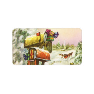 Etiqueta Natal vintage, caixas postais na paisagem do