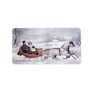 Etiqueta Natal vintage, o inverno da estrada, cavalo do