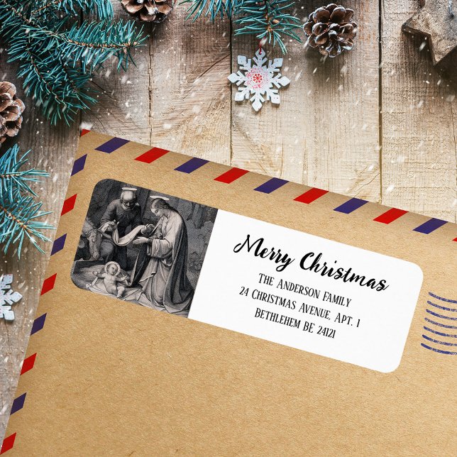 Etiqueta Natividade Branca Negra Cristã Natal (Black and White Simple Modern Nativity Scene Religious Christian Catholic Christmas Address Label)