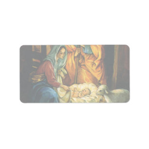 Etiqueta Natividade do natal vintage, bebê Jesus no