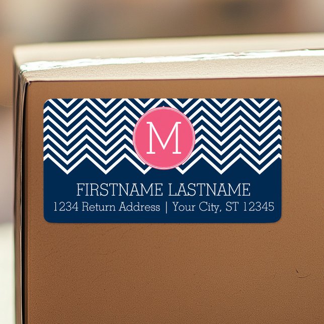 Etiqueta Navy Blue and Magenta Chevrons Custom Monogram (Custom Shipping Label with Return Address)