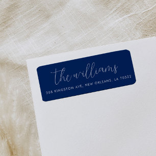 Etiqueta Navy Blue and White Modern Script Return Address