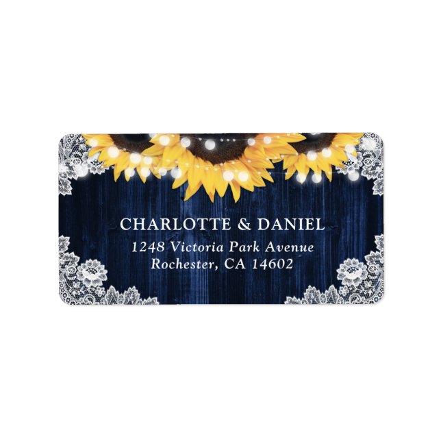 Etiqueta Navy Blue Rustic Wood Lace Sunflower Address (Frente)