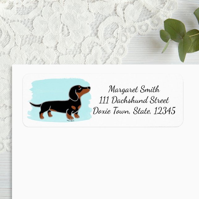 Etiqueta Negra e Tan Dachshund Posicionando Aquarela (Black and Tan Dachshund Posing Cartoon Design Return Address Label for Dachshund Owners.)