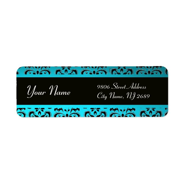 ETIQUETA NEGRO AQUA BLUE TEAL DAMASK (Frente)