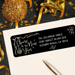 Etiqueta New Year Cheer Black Gold Hand Drawn Art Address
