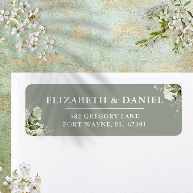 Etiqueta Noiva Floral Verde Oliva Casamento Endereço de Dev (Greenery Floral Sage Green Wedding Return Address Label)