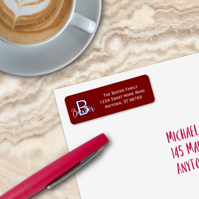 Etiqueta Nome branco vermelho e azul e monograma personaliz (Red White & Blue Name and Monogram Personalized Label
)