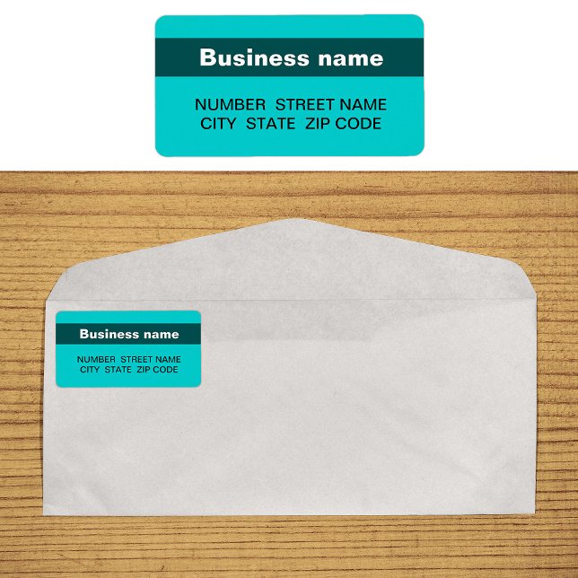 Etiqueta Nome comercial destacado no endereço verde local (Teal green address label with your highlighted brand name)