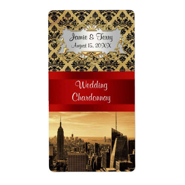 Etiqueta NY City Skyline Sepia B4 Damask Party Wine Label (Frente)