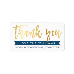 Etiqueta OBRIGADO marinho rotulado mão do ouro do endereç