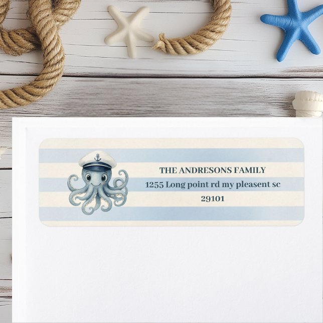 Etiqueta Octopus náutico Ahoy | | Bandas Azuis Pastel (Criador carregado)