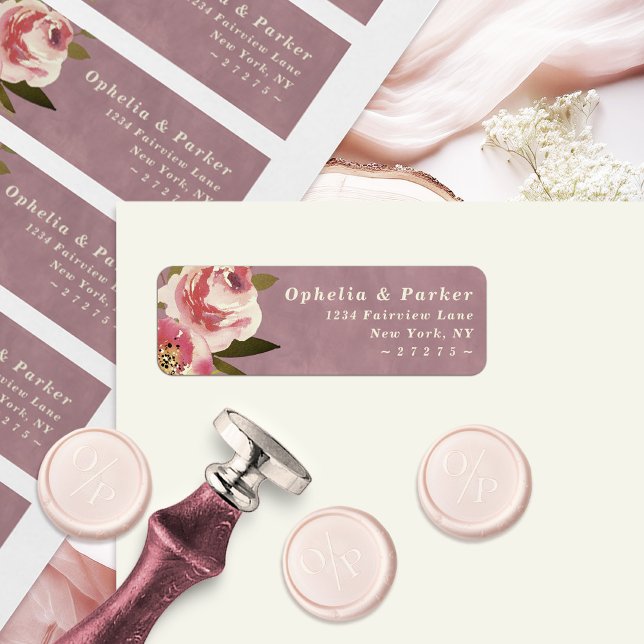Etiqueta Ophelia Floral Dusty Pink Endereço de Devolução de (Say "I DO" to Romantic Watercolor Florals and a Cottagecore Vibe with the Ophelia Wedding Suite.)