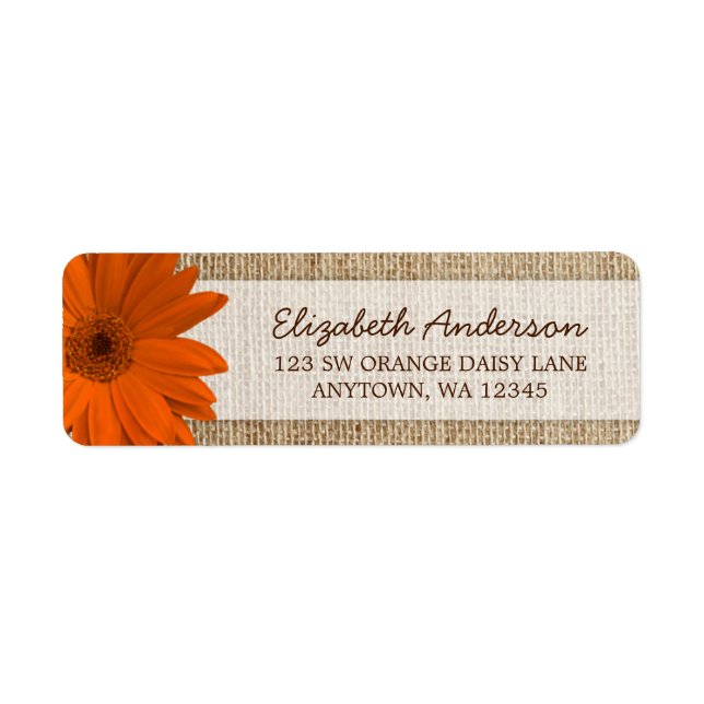 Etiqueta Orange Daisy Rustic Burlap Endereço (Frente)
