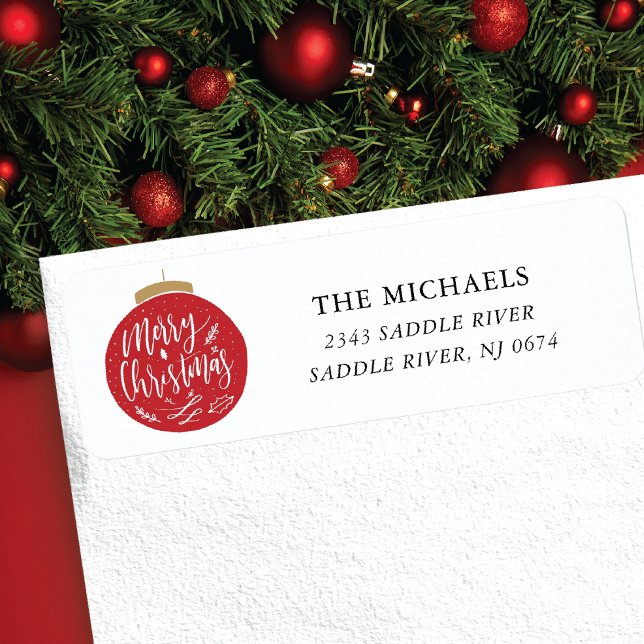 Etiqueta Ornamento de Árvore de Natal Red Merry (Criador carregado)