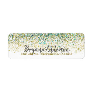 Etiqueta Ouro Branco e Brilho Azul Turquesa Glam Moderno Co