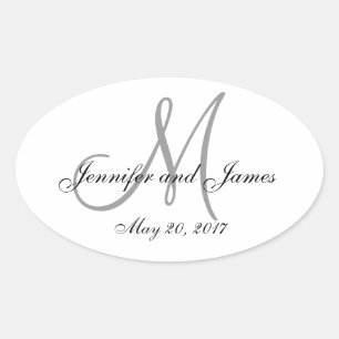 Etiqueta oval do casamento do monograma do branco