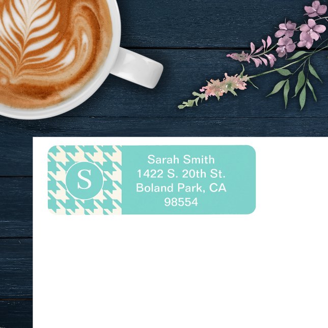 Etiqueta Padrão clássico de houndstooth Aqua Azul e Branco (Criador carregado)