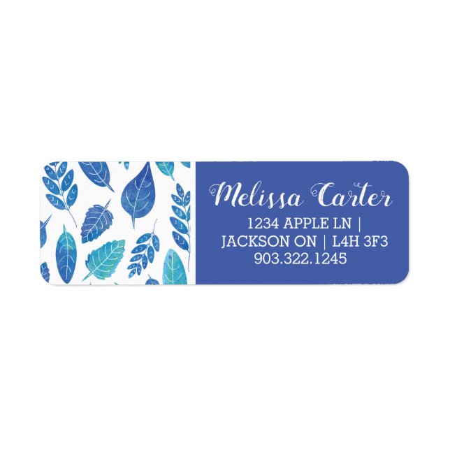 Etiqueta Padrão de Folhas de Aquarela Azul (Frente)