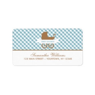 Etiqueta Padrão de Gingham Azul e Carruagem de Bebê