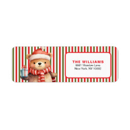Etiqueta Padrão de Listra de Natal Retrô & Urso de Pelúcia 